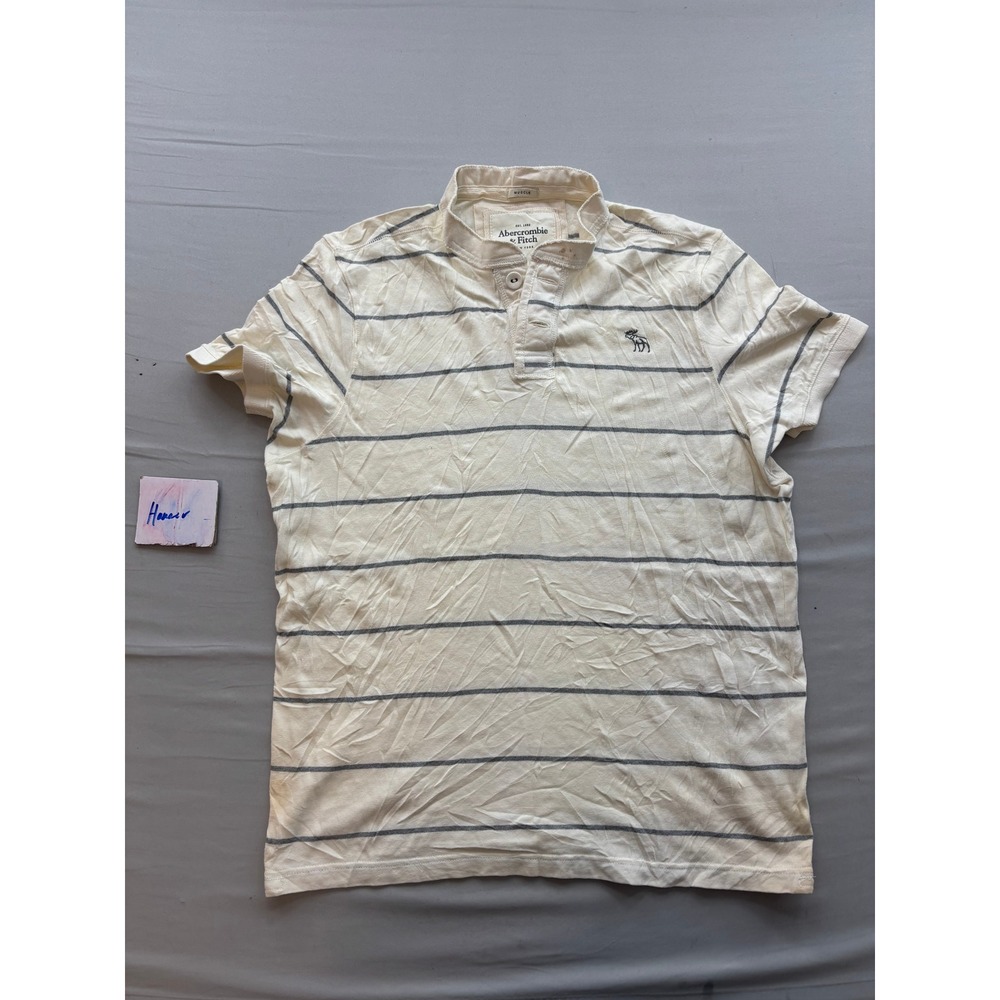 Abercrombie & Fitch Mens XXL Muscle Fit Striped Henley Polo Shirt Cream Grey
